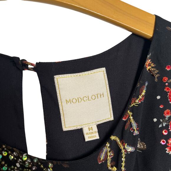 Modcloth Embellished to Perfection Black Floral Beaded Sequin A-Line Midi Dress - Picture 3 of 13